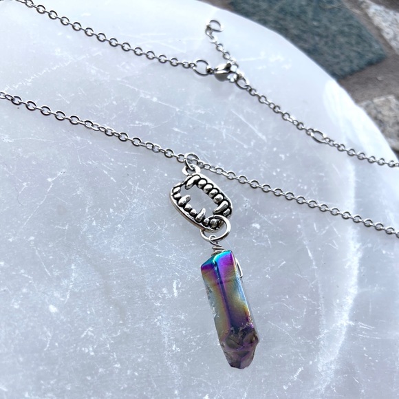 Vampire crystal necklace . Titanium aura crystal & vampire fangs teeth necklace - Picture 5 of 11